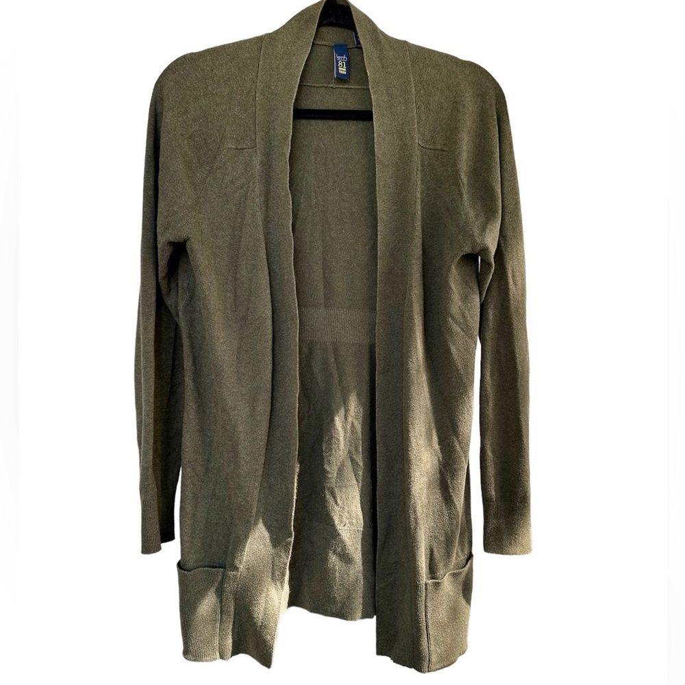 🐞EUC Kersh 81 nine teen open front olive cardigan sweater with front pockets